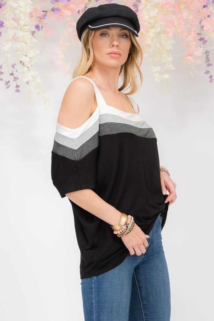 Celeste Full Size Striped Cold Shoulder Top-100 Short Sleeve Tops-Inspired by Justeen-Women's Clothing Boutique