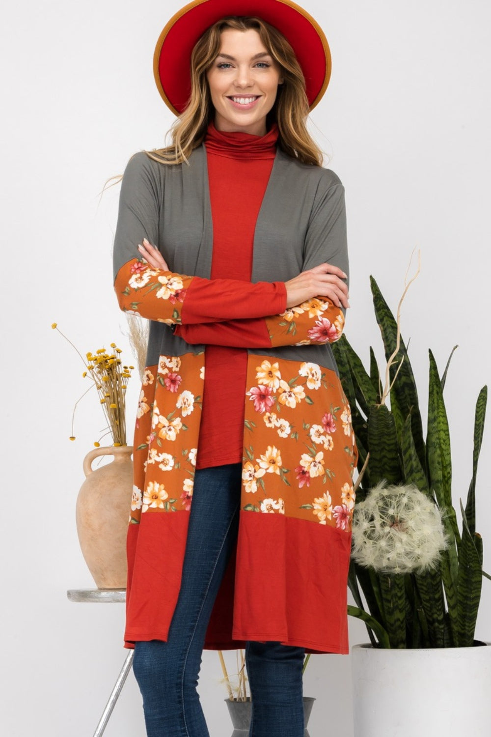 Celeste Full Size Floral Color Block Open Front Cardigan-Cardigans + Kimonos-Inspired by Justeen-Women's Clothing Boutique