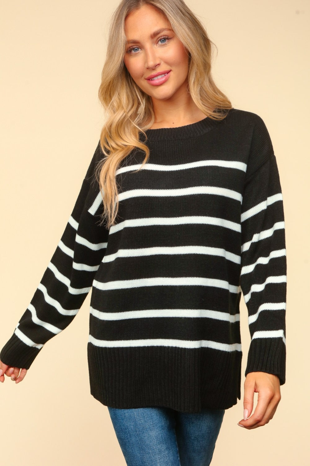 Haptics Full Size Striped Contrast Side Slit Sweater-Sweaters/Sweatshirts-Inspired by Justeen-Women's Clothing Boutique