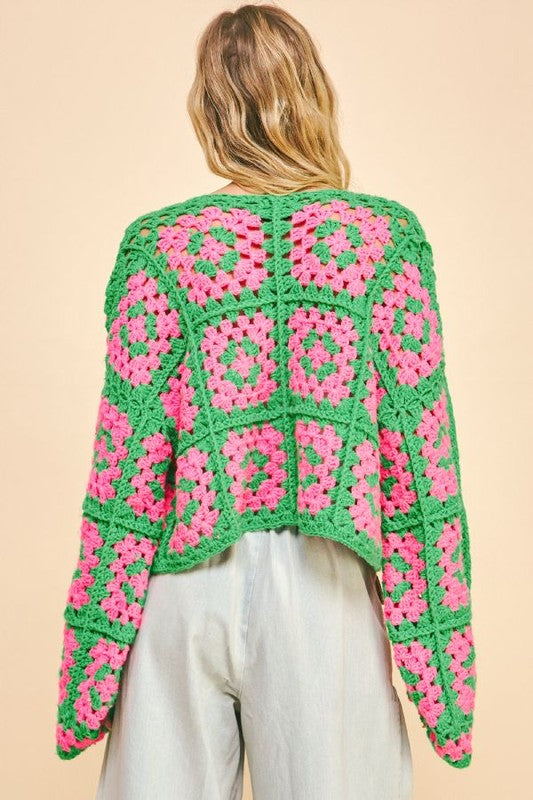 Davi & Dani Full Size Two Tone Flower Square Crochet Open Front Cardigan-Cardigans + Kimonos-Inspired by Justeen-Women's Clothing Boutique