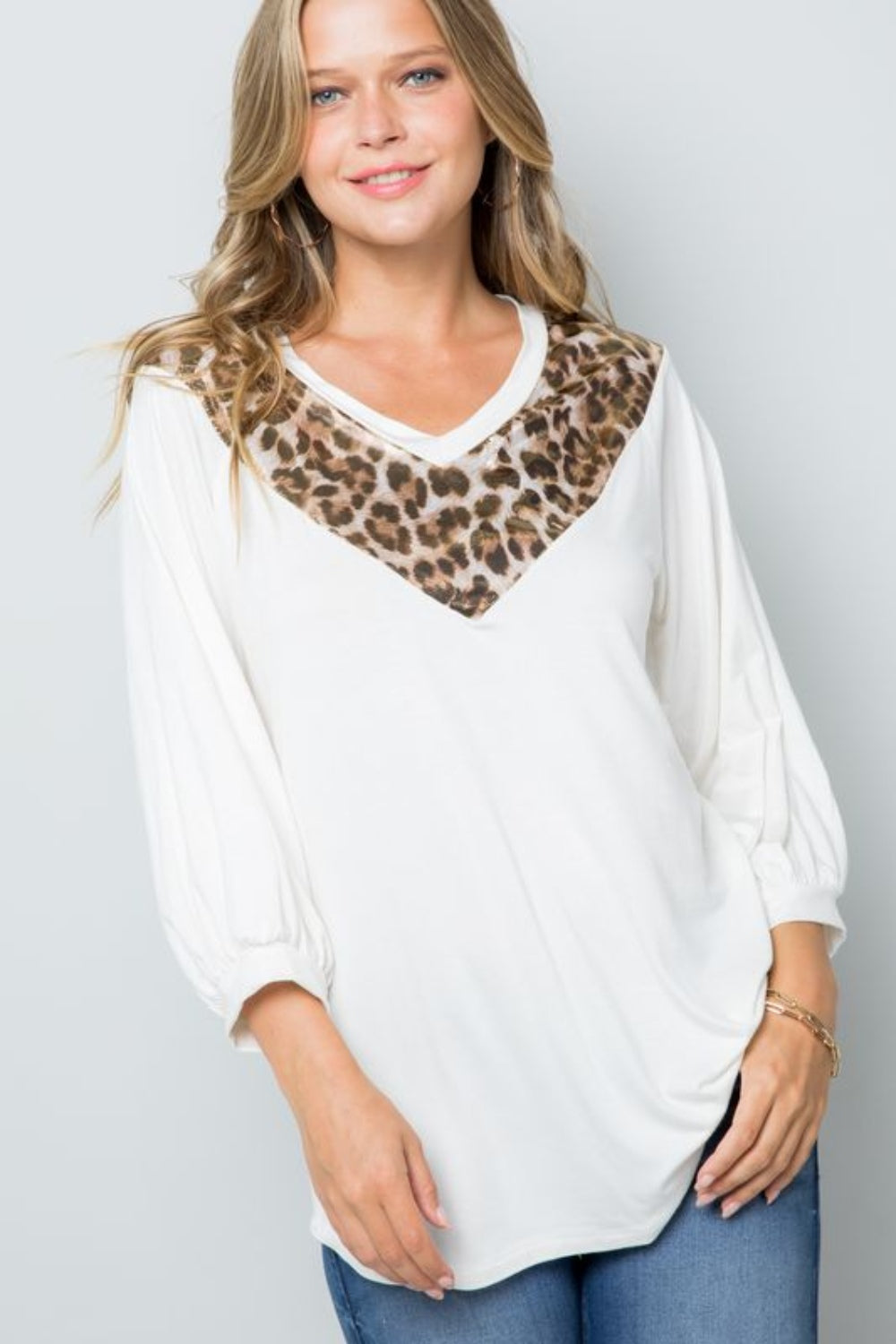 Celeste Full Size Leopard Contrast Balloon Sleeve Top-110 Long Sleeve Tops-Inspired by Justeen-Women's Clothing Boutique