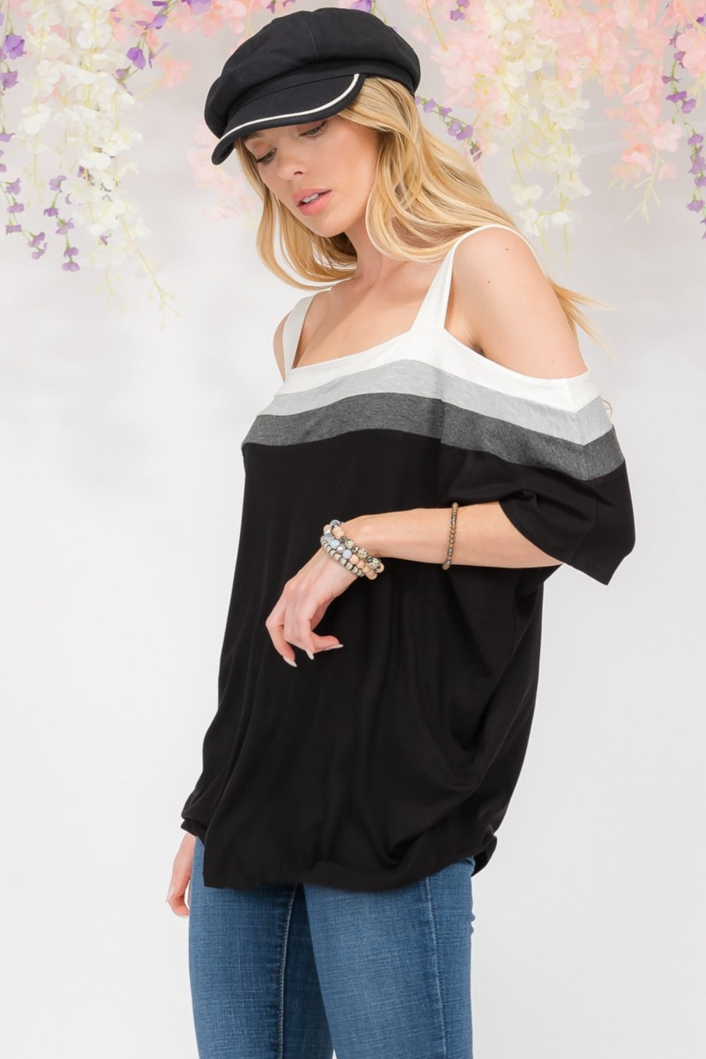 Celeste Full Size Striped Cold Shoulder Top-100 Short Sleeve Tops-Inspired by Justeen-Women's Clothing Boutique