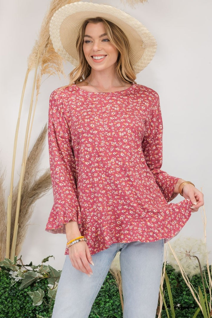 Celeste Full Size Floral Ruffle Detail Top-110 Long Sleeve Tops-Inspired by Justeen-Women's Clothing Boutique