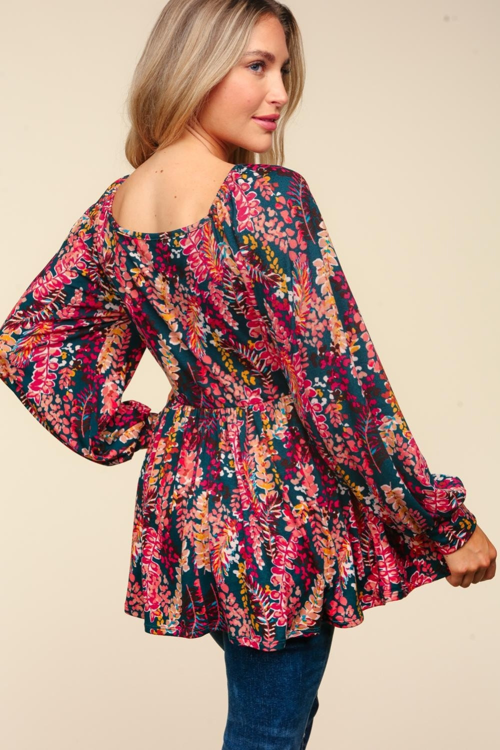 Haptics Full Size Peplum Floral Square Neck Blouse-110 Long Sleeve Tops-Inspired by Justeen-Women's Clothing Boutique