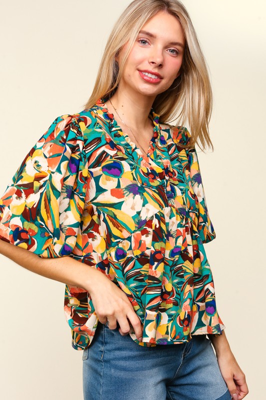 Haptics Full Size Frill Floral Puff Sleeve Peplum Blouse-100 Short Sleeve Tops-Inspired by Justeen-Women's Clothing Boutique