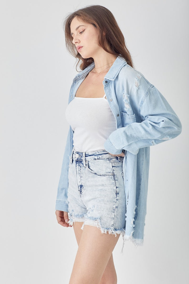 RISEN Raw Hem Distressed High Rise Denim Shorts-Shorts-Inspired by Justeen-Women's Clothing Boutique in Chicago, Illinois