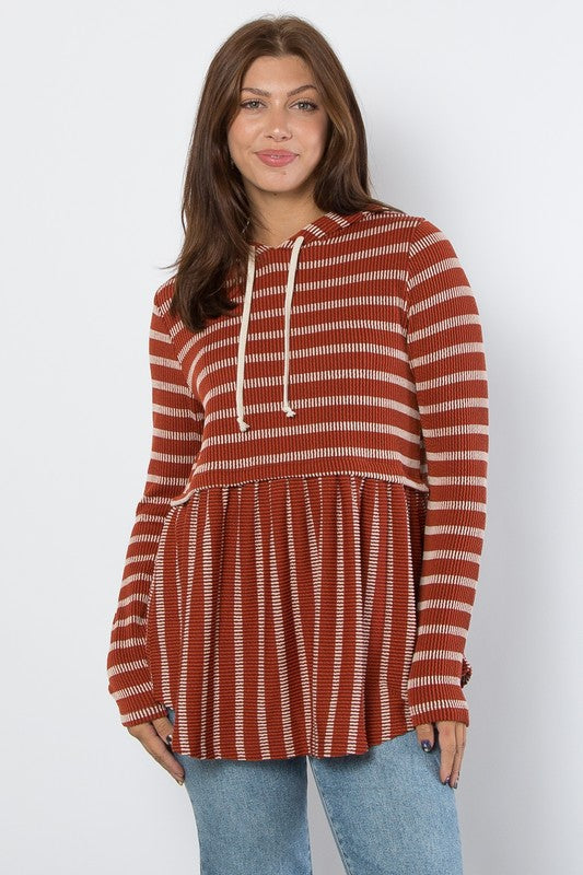 Be Stage Full Size Drawstring Striped Babydoll Hoodie-110 Long Sleeve Tops-Inspired by Justeen-Women's Clothing Boutique