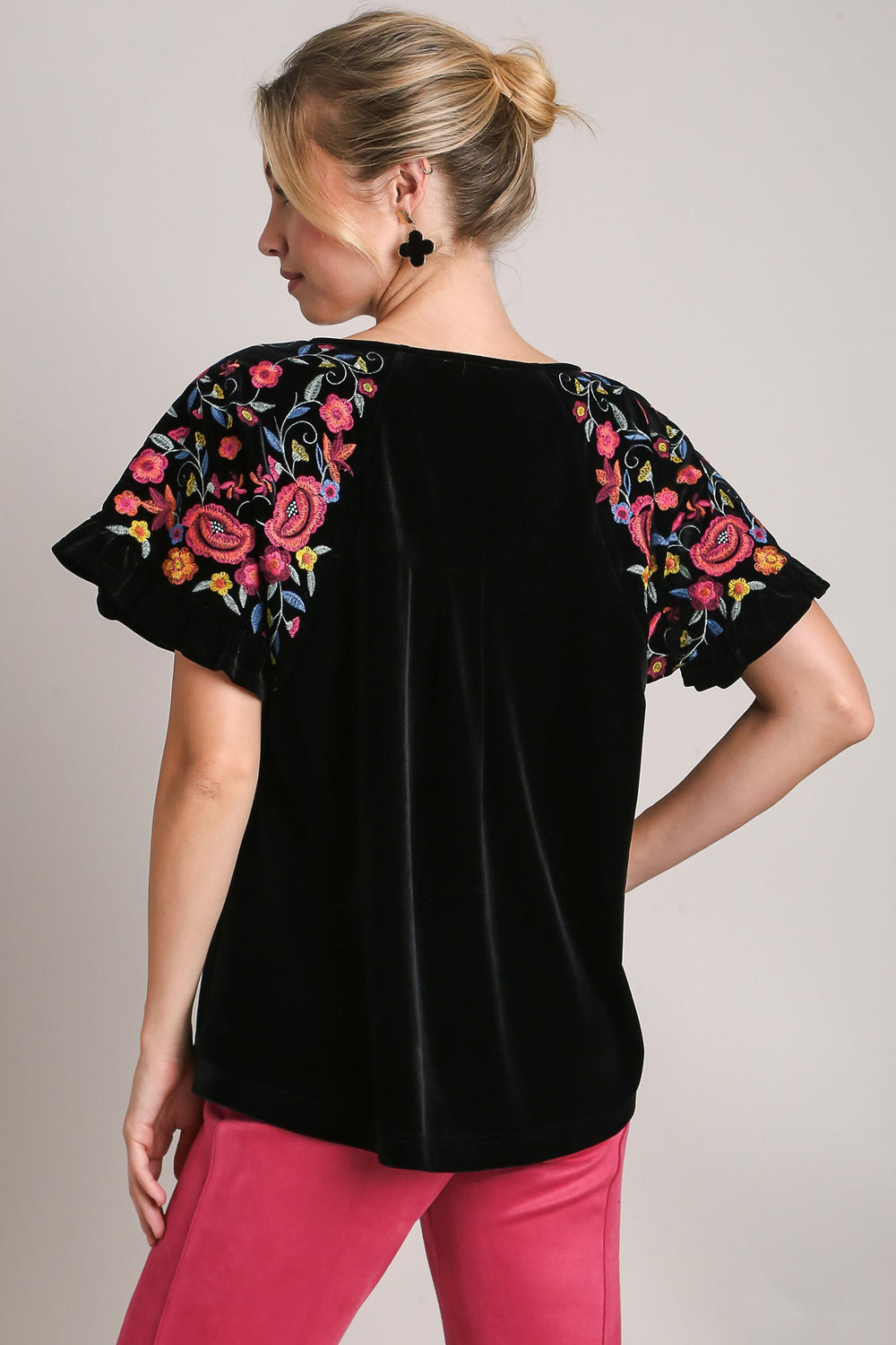 Umgee Full Size Velvet Embroidery Short Sleeve Blouse-100 Short Sleeve Tops-Inspired by Justeen-Women's Clothing Boutique