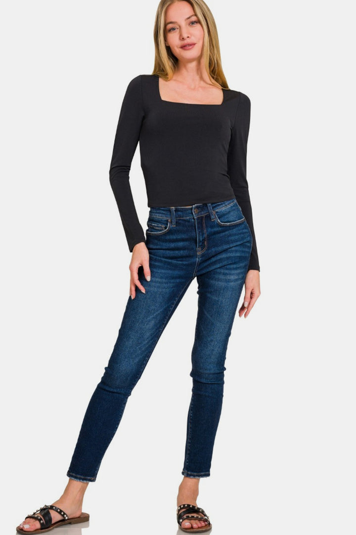 Zenana Square Neck Fitted Long Sleeve T-Shirt-110 Long Sleeve Tops-Inspired by Justeen-Women's Clothing Boutique