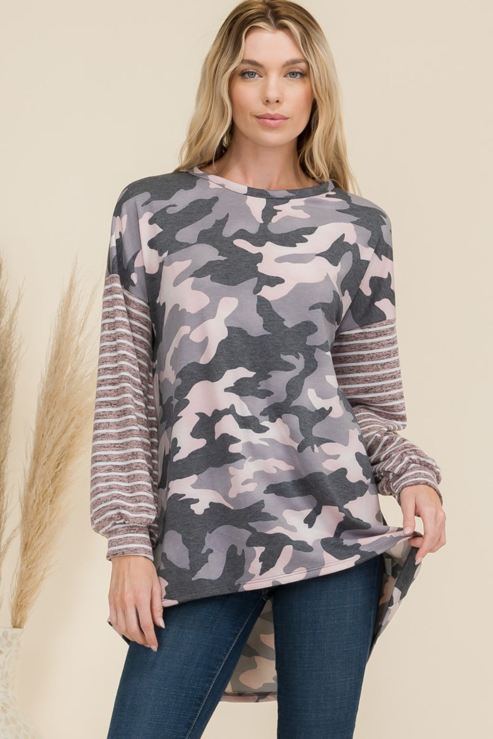 Celeste Full Size Camo Print High-Low T-Shirt with Stripe Sleeves-110 Long Sleeve Tops-Inspired by Justeen-Women's Clothing Boutique