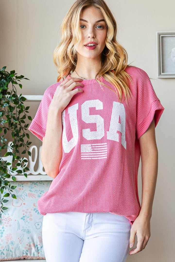 Heimish Full Size USA Graphic Short Sleeve Ribbed Top-100 Short Sleeve Tops-Inspired by Justeen-Women's Clothing Boutique