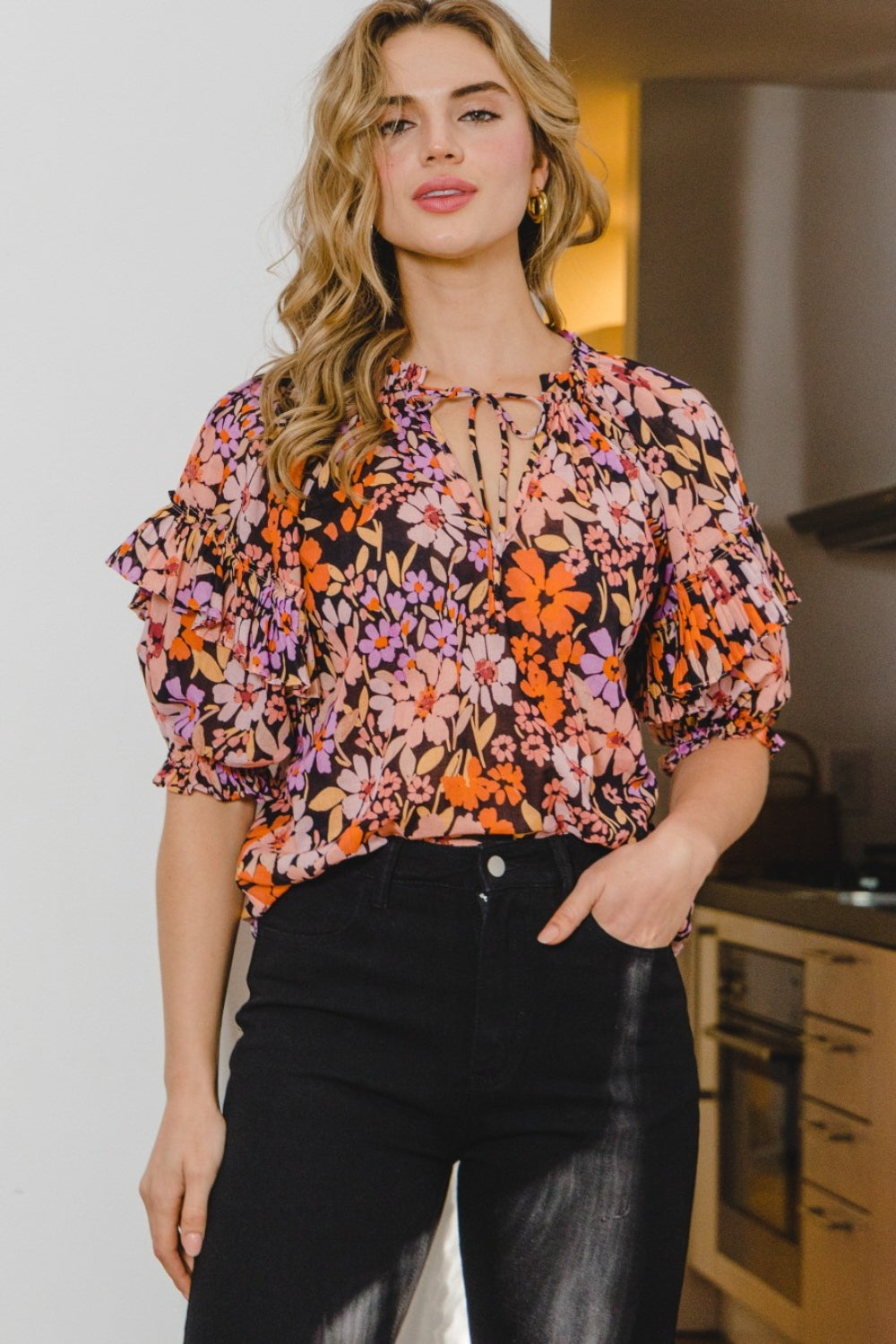 ODDI Full Size Floral Tie Neck Ruffled Blouse-100 Short Sleeve Tops-Inspired by Justeen-Women's Clothing Boutique in Chicago, Illinois