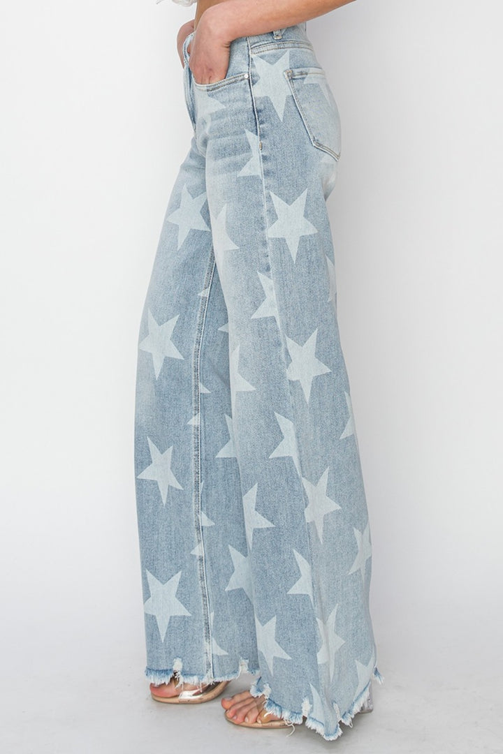 RISEN Full Size Raw Hem Star Wide Leg Jeans-Denim-Inspired by Justeen-Women's Clothing Boutique in Chicago, Illinois