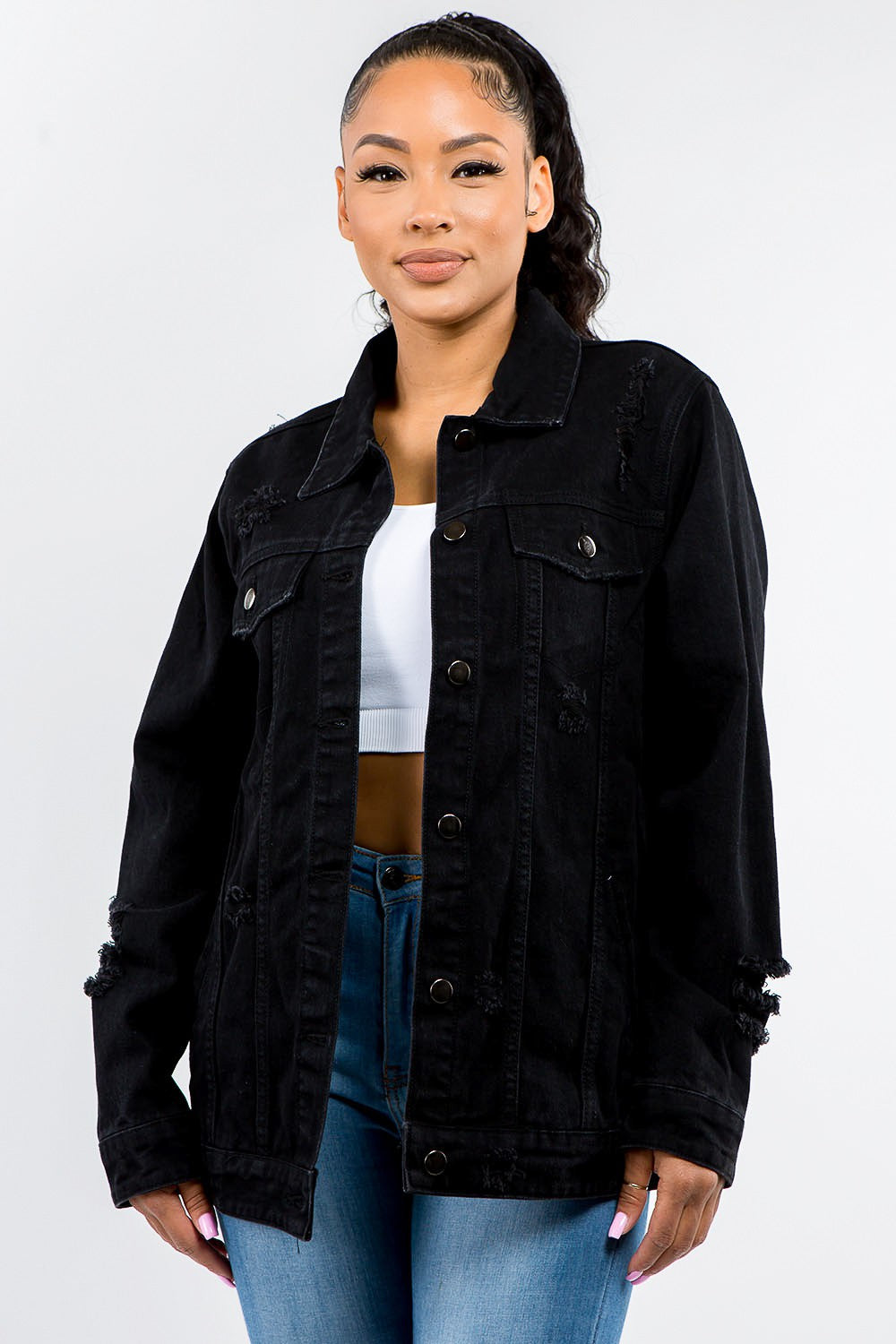 American Bazi Full Size Button Up Distressed Denim Jacket-Outerwear-Inspired by Justeen-Women's Clothing Boutique