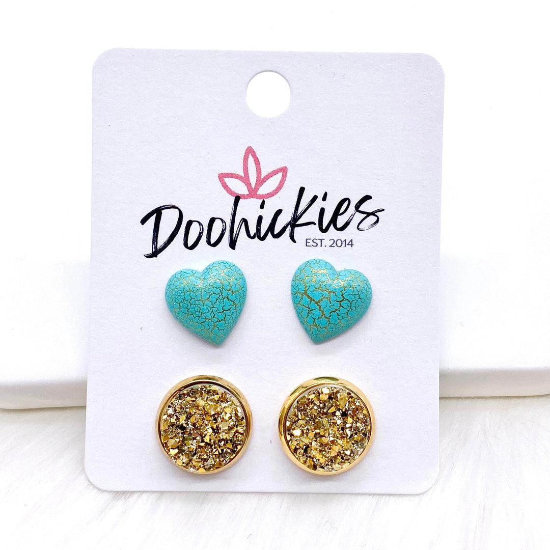 12mm Turquoise & Gold Crackle Hearts & Gold in Gold Settings -Earrings-Earrings-Inspired by Justeen-Women's Clothing Boutique