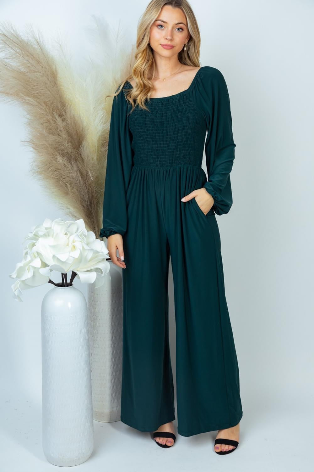 Jayme Smocked Pocket Jumpsuit, Hunter Green-Jumpsuits-Inspired by Justeen-Women's Clothing Boutique in Chicago, Illinois