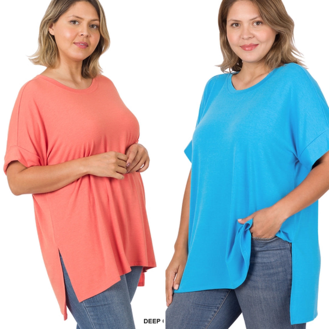 Saylor Rolled Sleeve Side Slip Top-Short Sleeve Tops-Inspired by Justeen-Women's Clothing Boutique in Chicago, Illinois
