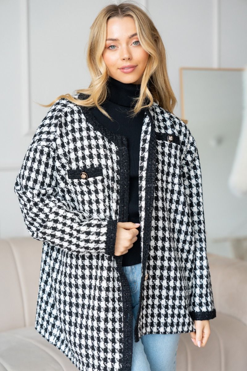 Inaya Houndstooth Button Down Jacket-Outerwear-Inspired by Justeen-Women's Clothing Boutique in Chicago, Illinois
