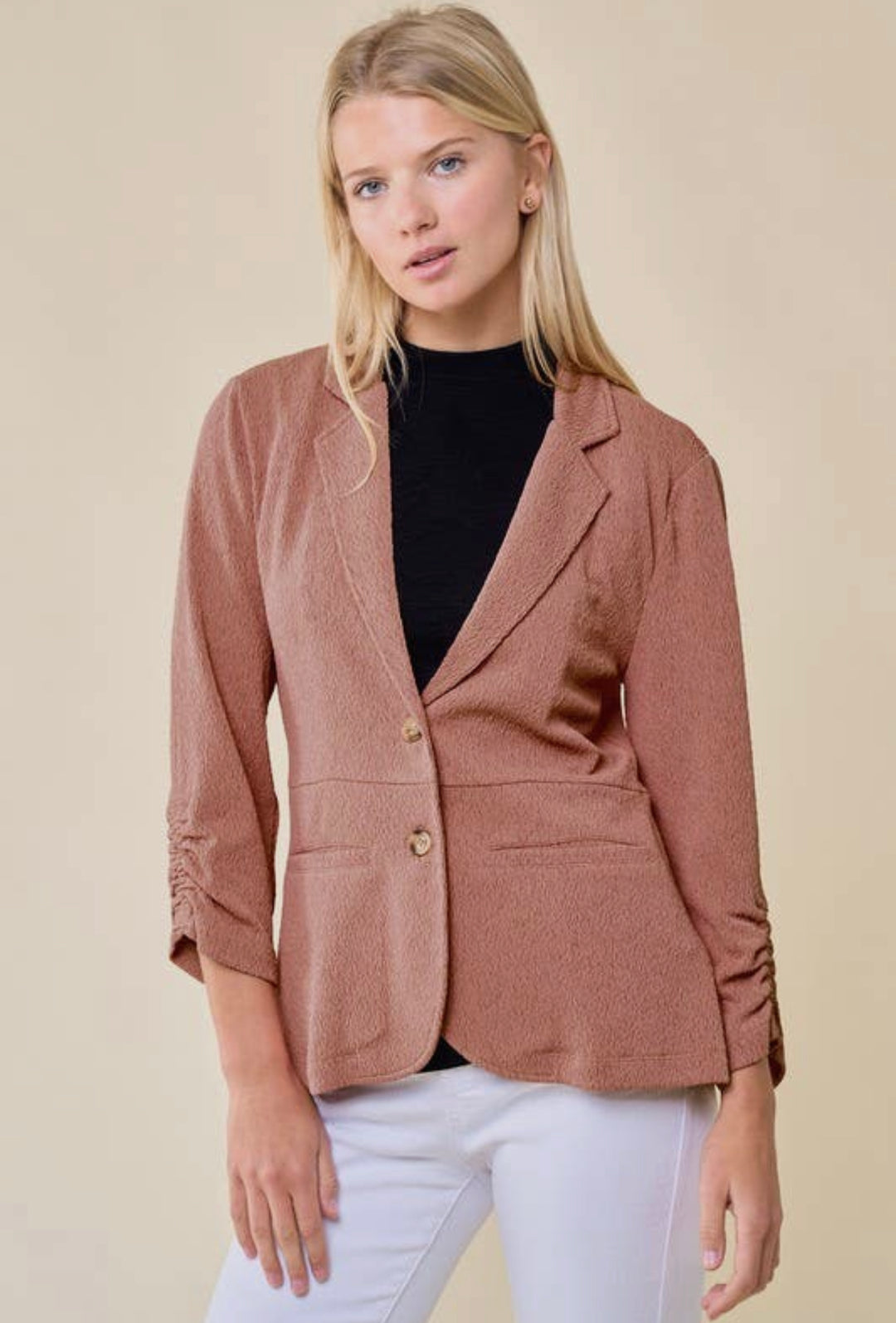 Janessa Cinched Sleeve Blazer, Rose-Outerwear-Inspired by Justeen-Women's Clothing Boutique in Chicago, Illinois