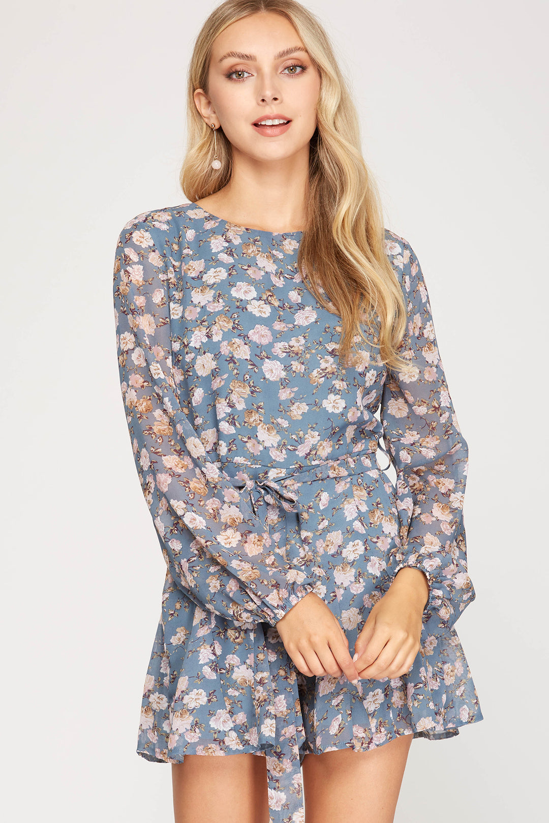 Rylee Floral Print Romper, Dusty Blue-Jumpsuits-Inspired by Justeen-Women's Clothing Boutique in Chicago, Illinois
