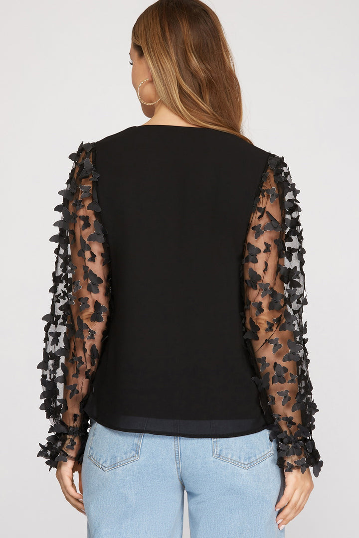 Bianca Butterfly Mesh Long Sleeve Top, Black-Long Sleeve Tops-Inspired by Justeen-Women's Clothing Boutique in Chicago, Illinois