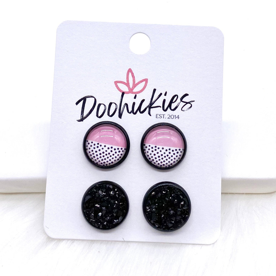 12mm Pink/Black Polka Dots & Black in Black Settings -Earrings-Earrings-Inspired by Justeen-Women's Clothing Boutique