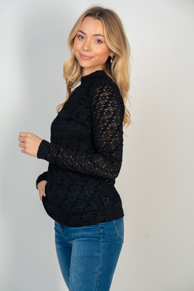 Ivy Lace Mock Neck Blouse-Long Sleeve Tops-Inspired by Justeen-Women's Clothing Boutique in Chicago, Illinois