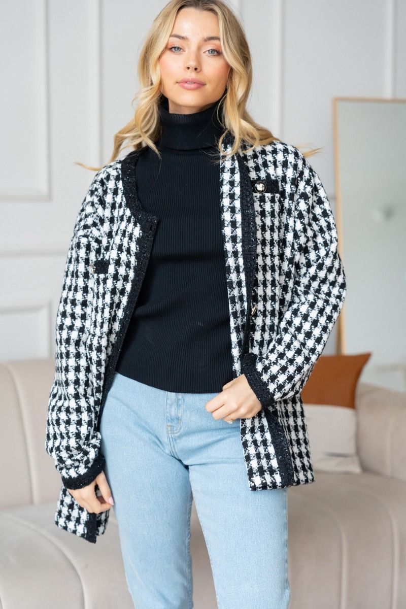 Inaya Houndstooth Button Down Jacket-Outerwear-Inspired by Justeen-Women's Clothing Boutique in Chicago, Illinois