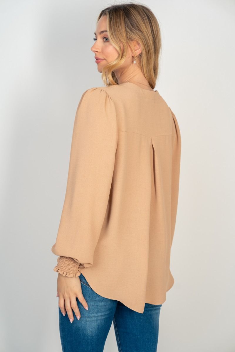 Aria Smocked Cuff Blouse, Tan-Long Sleeve Tops-Inspired by Justeen-Women's Clothing Boutique in Chicago, Illinois