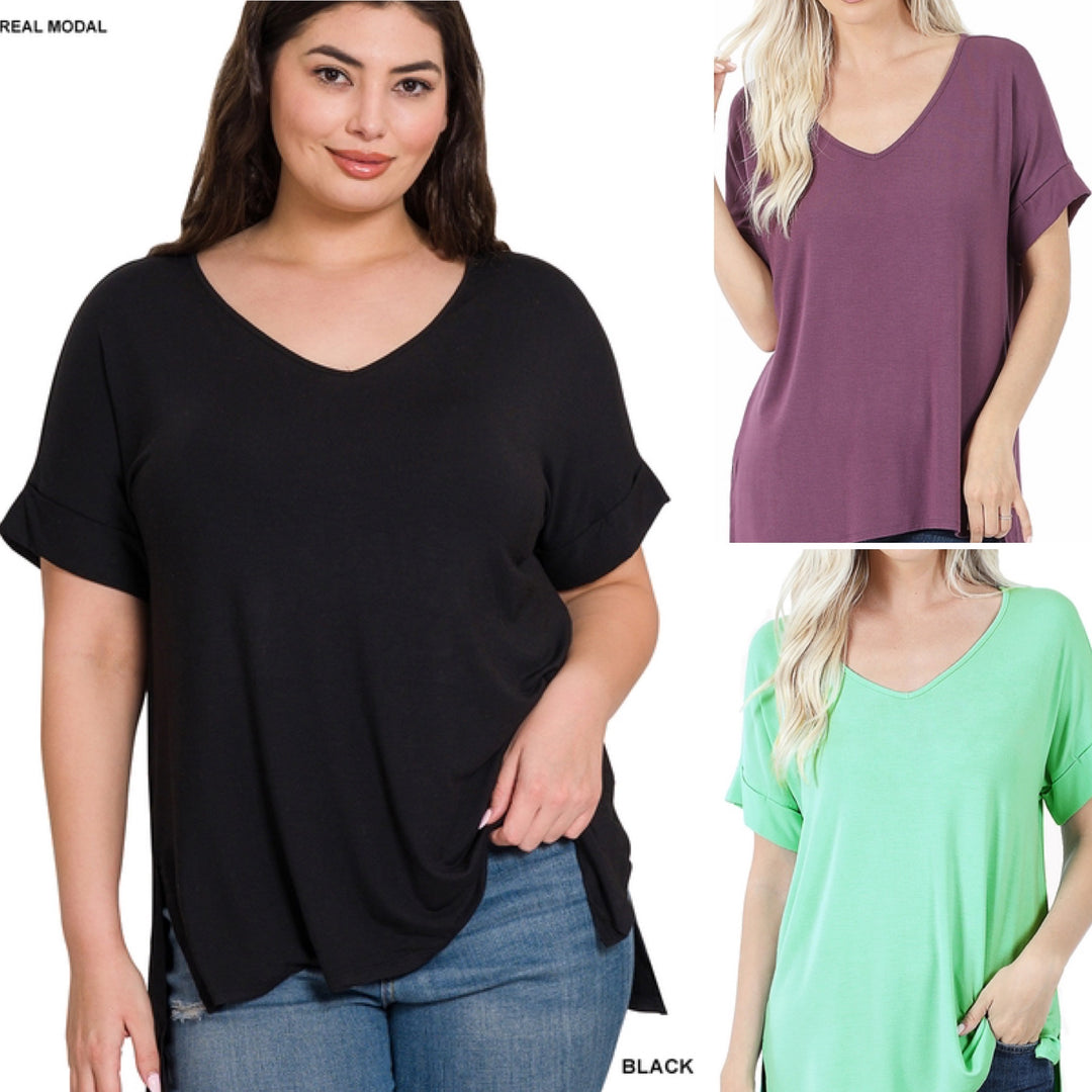 Journee Modal V-neck Short Sleeve Top-Short Sleeve Tops-Inspired by Justeen-Women's Clothing Boutique in Chicago, Illinois