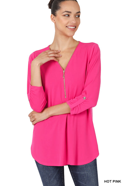Stassi Zip-up 3/4 Sleeve Top, Hot Pink-Short Sleeve Tops-Inspired by Justeen-Women's Clothing Boutique in Chicago, Illinois