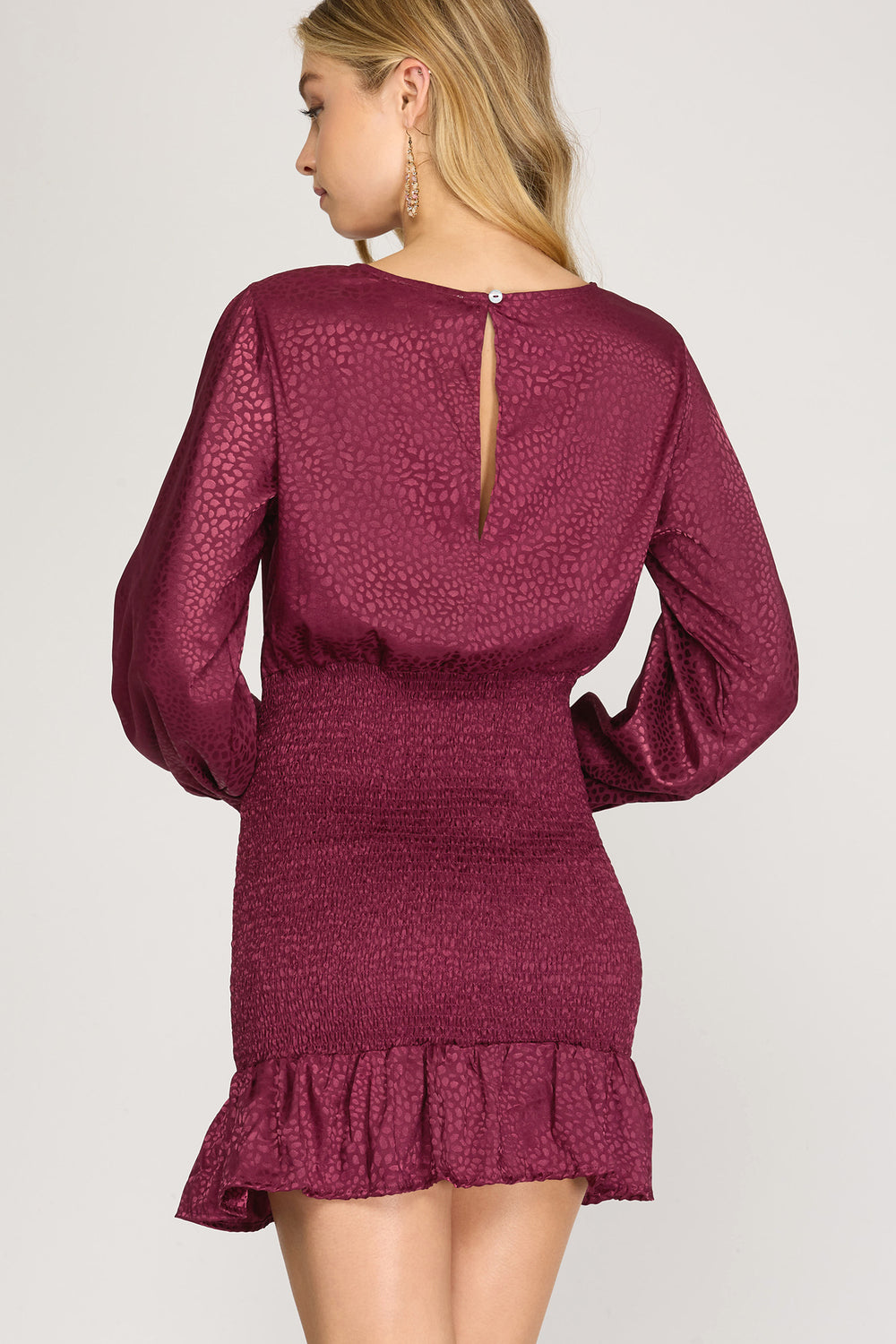 Hadley Jacquard Satin Smocked Dress, Wine-Dresses-Inspired by Justeen-Women's Clothing Boutique in Chicago, Illinois
