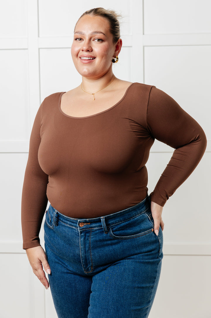 Bring in the Basics Seamless Reversible V-Neck Coffee-110 Long Sleeve Tops-Inspired by Justeen-Women's Clothing Boutique