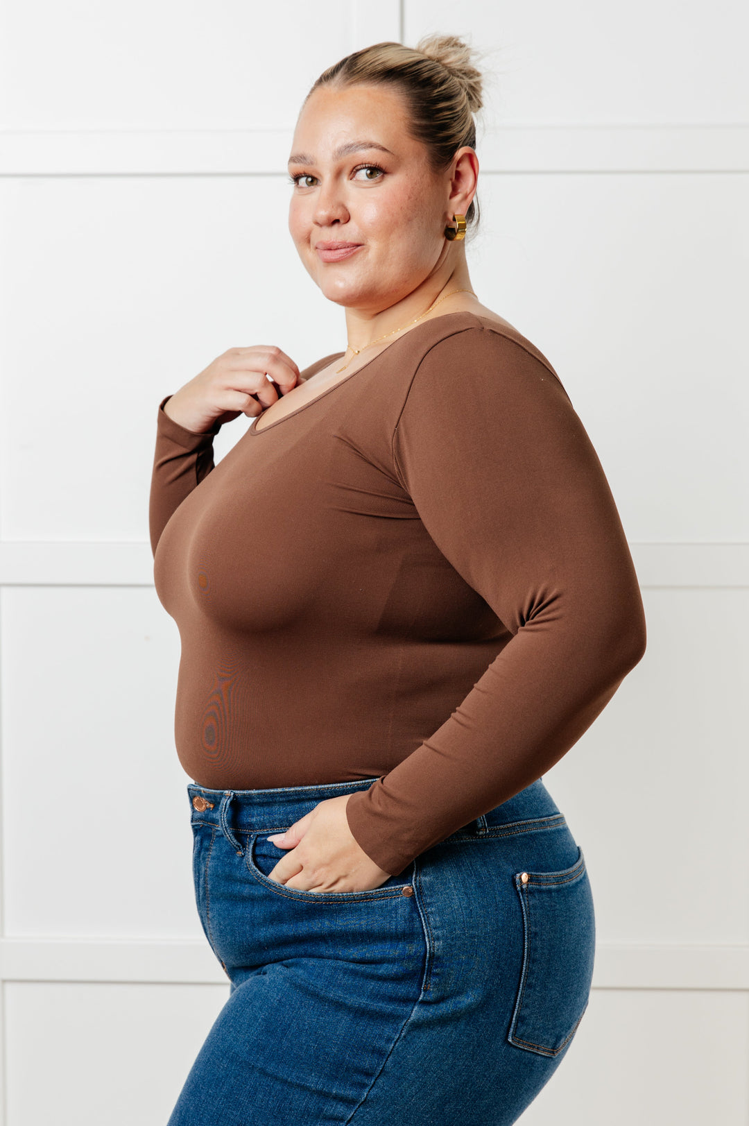 Bring in the Basics Seamless Reversible V-Neck Coffee-110 Long Sleeve Tops-Inspired by Justeen-Women's Clothing Boutique