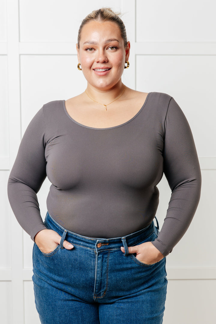 Bring in the Basics Seamless Reversible V-Neck Charcoal-110 Long Sleeve Tops-Inspired by Justeen-Women's Clothing Boutique