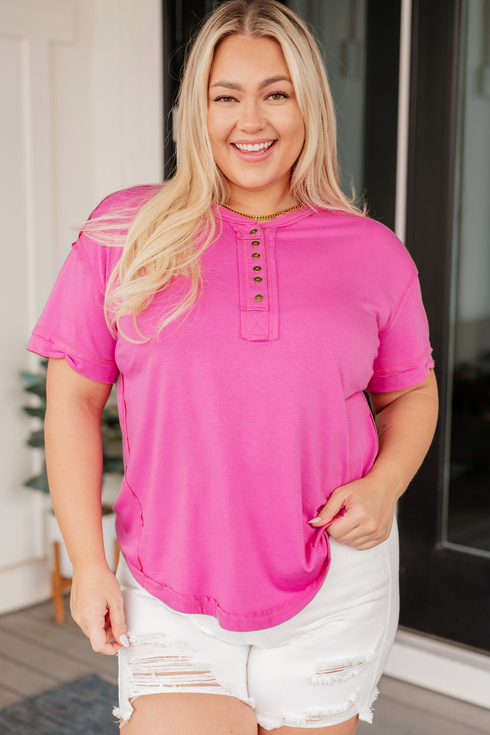 On A Whim Pink Raw Hem Henley Tee-Short Sleeve Tops-Inspired by Justeen-Women's Clothing Boutique in Chicago, Illinois