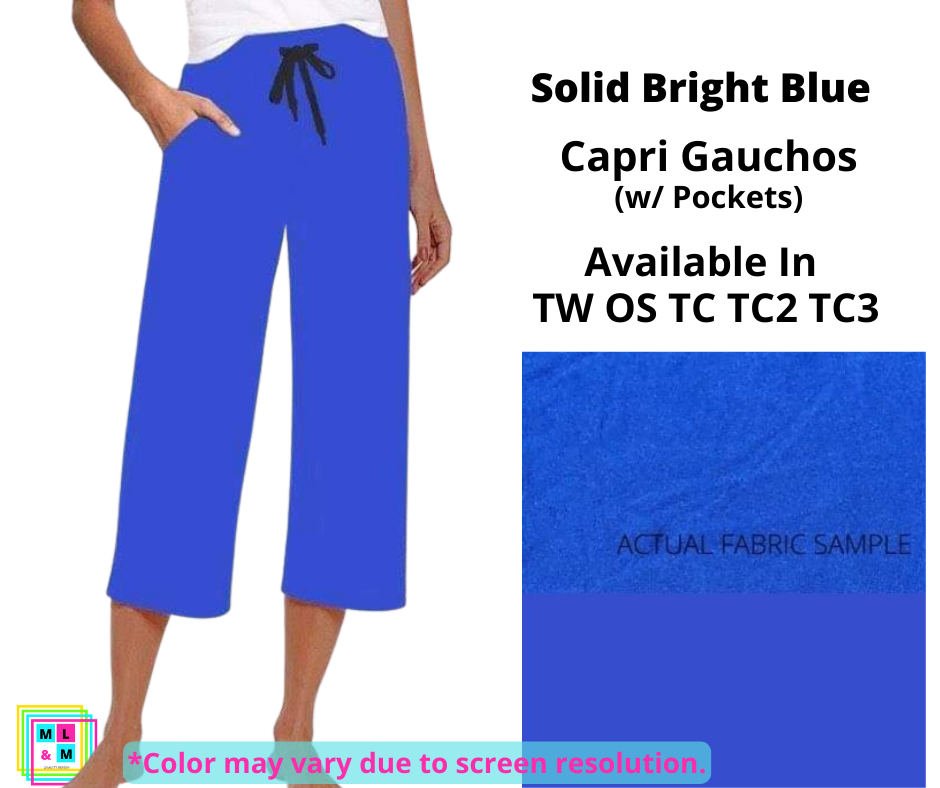 Solid Bright Blue Capri Gauchos-Leggings-Inspired by Justeen-Women's Clothing Boutique in Chicago, Illinois