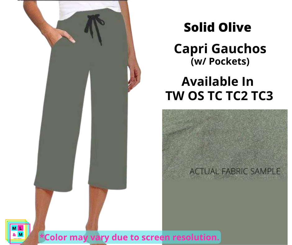 Solid Olive Capri Gauchos-Leggings-Inspired by Justeen-Women's Clothing Boutique in Chicago, Illinois