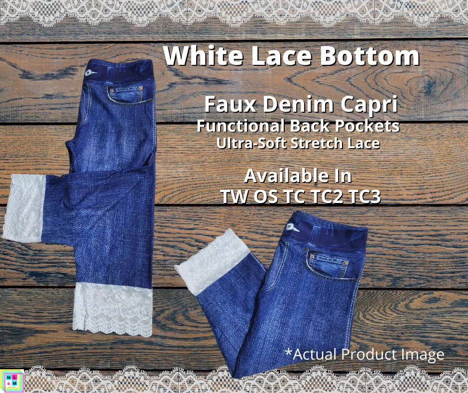 Faux Denim Capris w/ White Lace-Leggings-Inspired by Justeen-Women's Clothing Boutique in Chicago, Illinois