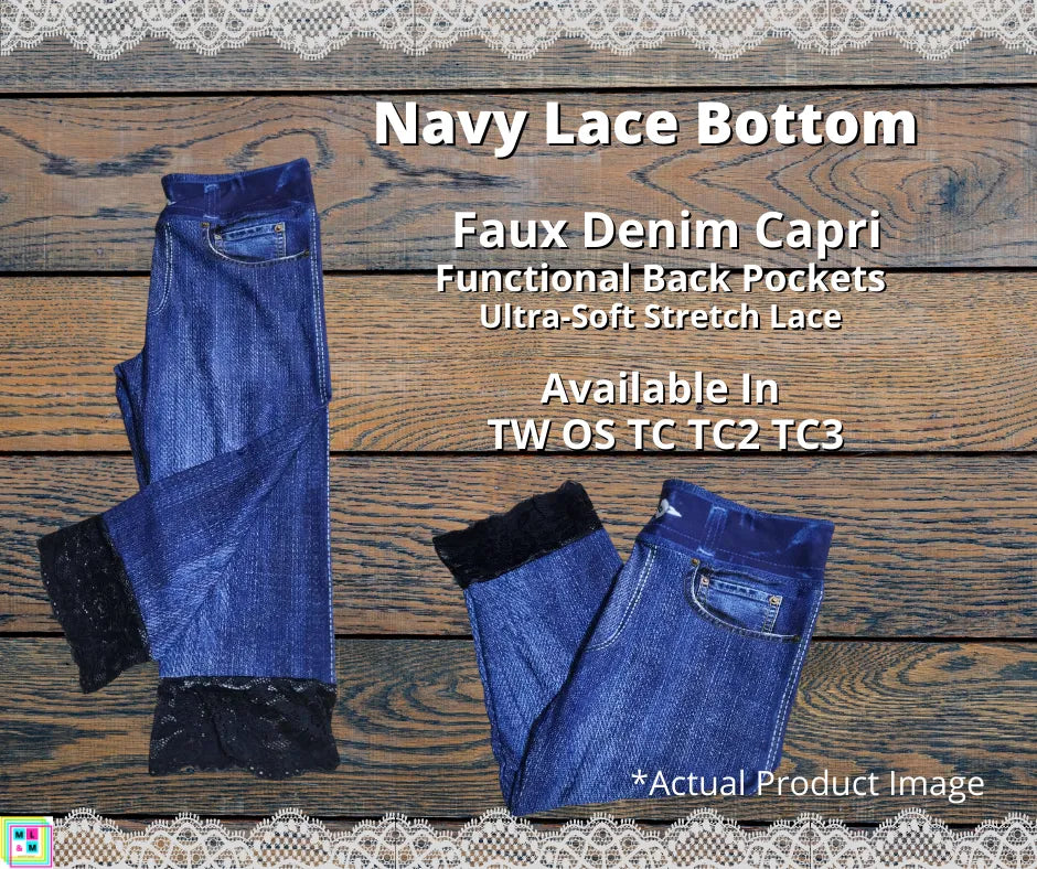 Faux Denim Capris w/ Navy Lace-Leggings-Inspired by Justeen-Women's Clothing Boutique in Chicago, Illinois
