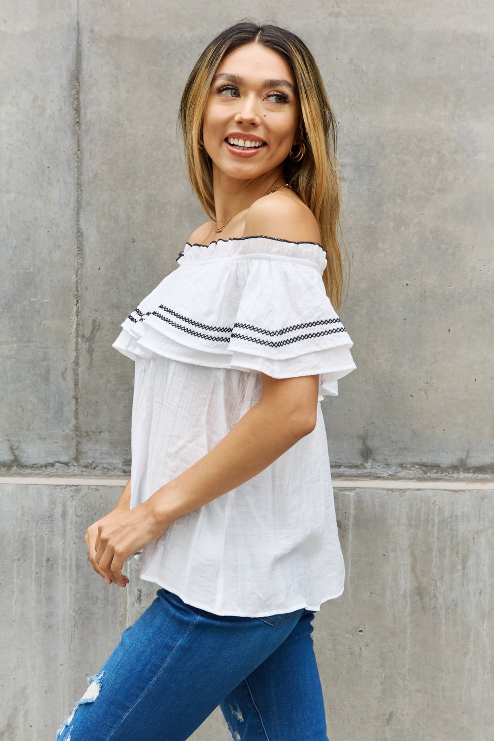 ODDI Full Size Off The Shoulder Ruffle Blouse-Short Sleeve Tops-Inspired by Justeen-Women's Clothing Boutique in Chicago, Illinois