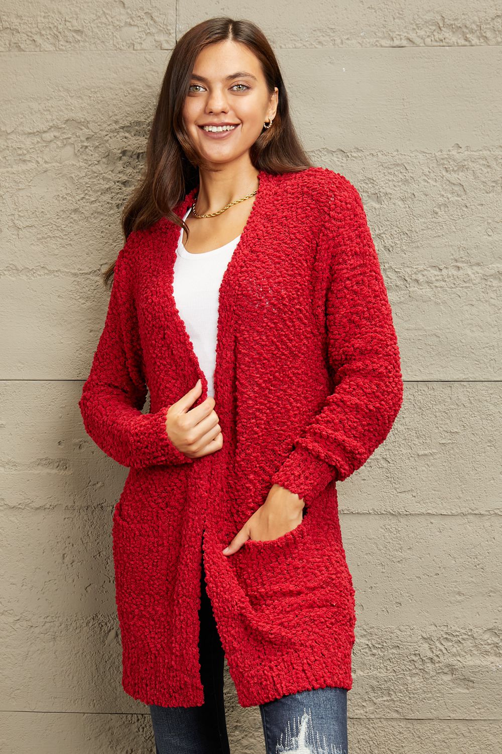 Zenana Falling For You Full Size Open Front Popcorn Cardigan-Cardigans-Inspired by Justeen-Women's Clothing Boutique in Chicago, Illinois