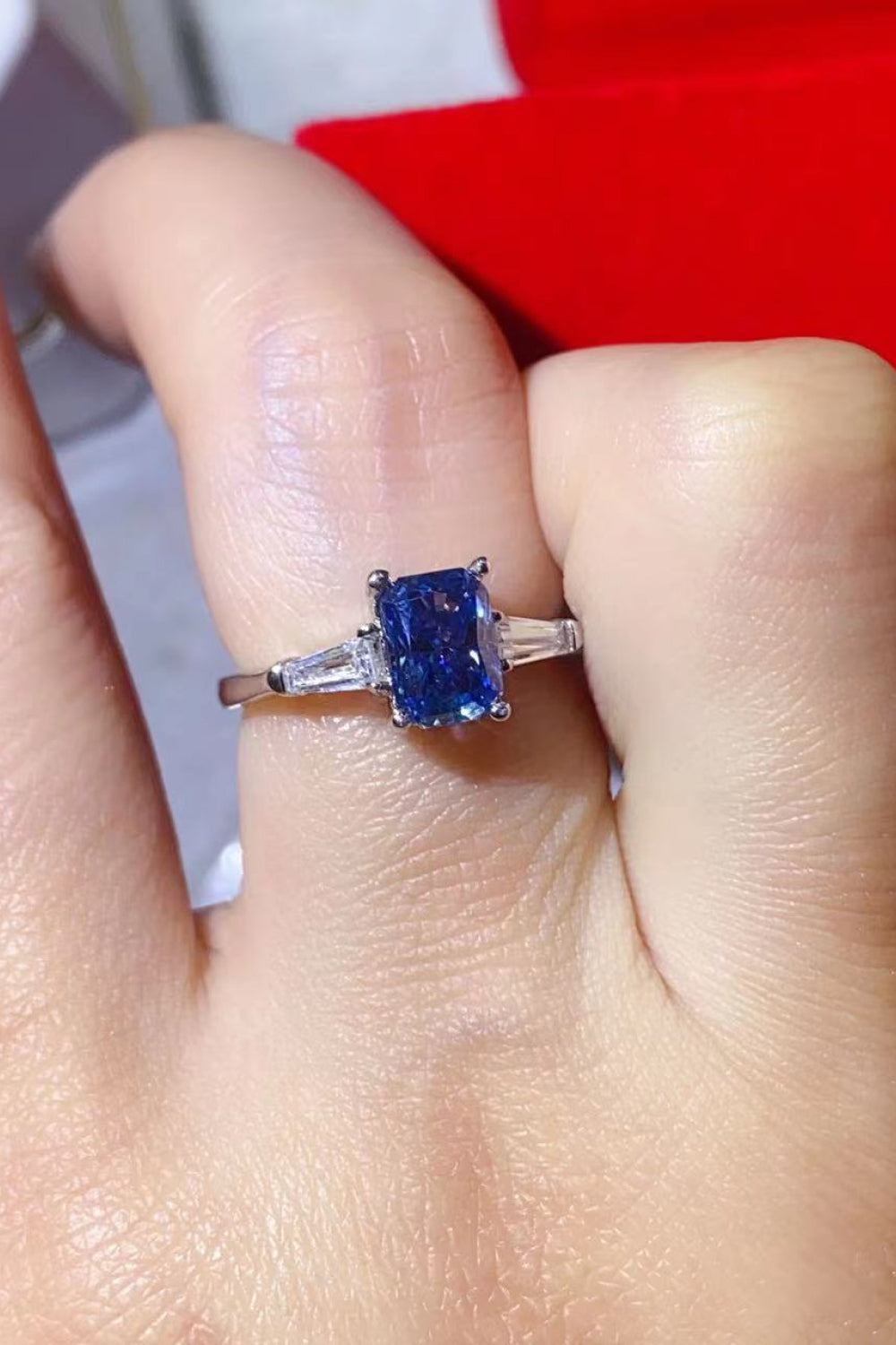 1 Carat Moissanite Platinum-Plated Rectangle Ring in Blue-Rings-Inspired by Justeen-Women's Clothing Boutique in Chicago, Illinois