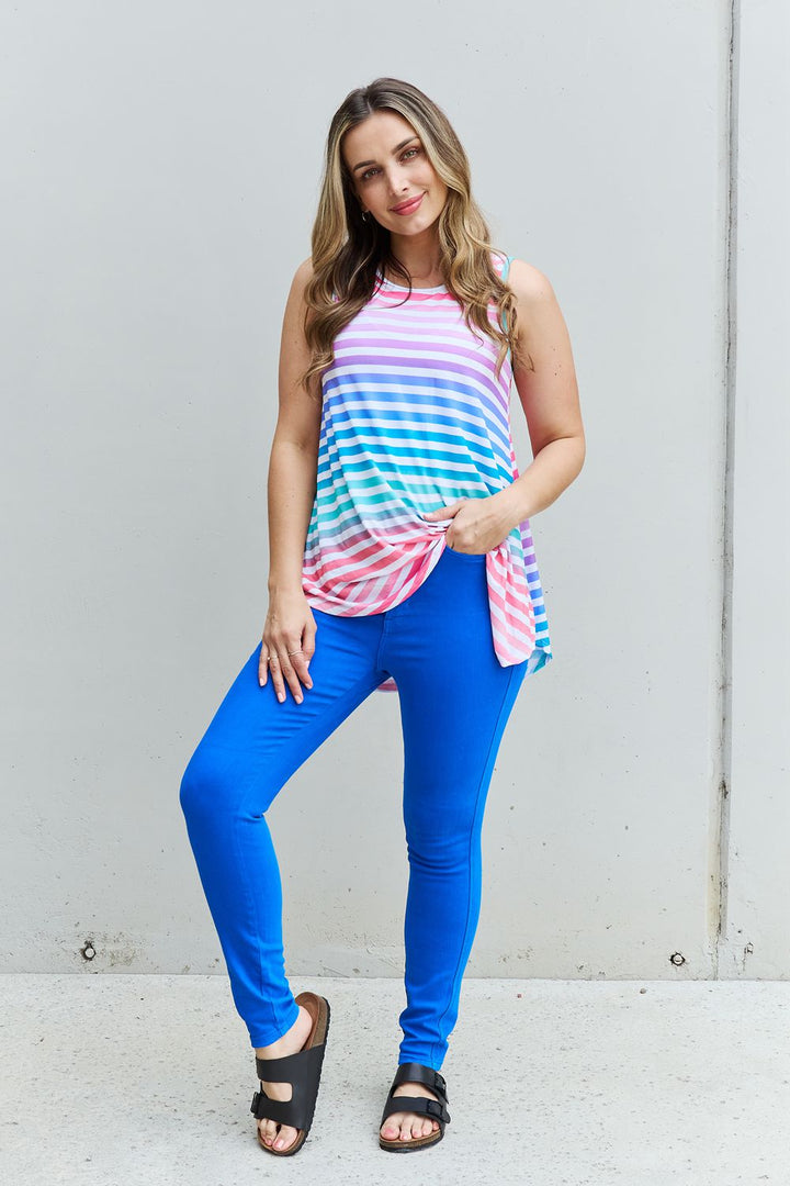 Heimish Love Yourself Full Size Multicolored Striped Sleeveless Round Neck Top-Tank Tops-Inspired by Justeen-Women's Clothing Boutique in Chicago, Illinois