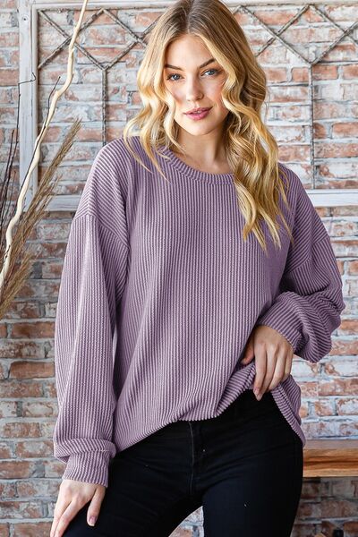 Heimish Full Size Round Neck Dropped Shoulder Blouse-Long Sleeve Tops-Inspired by Justeen-Women's Clothing Boutique in Chicago, Illinois
