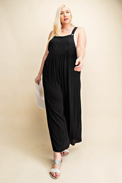 Kori America Full Size Sleeveless Ruched Wide Leg Overalls-Jumpsuits-Inspired by Justeen-Women's Clothing Boutique