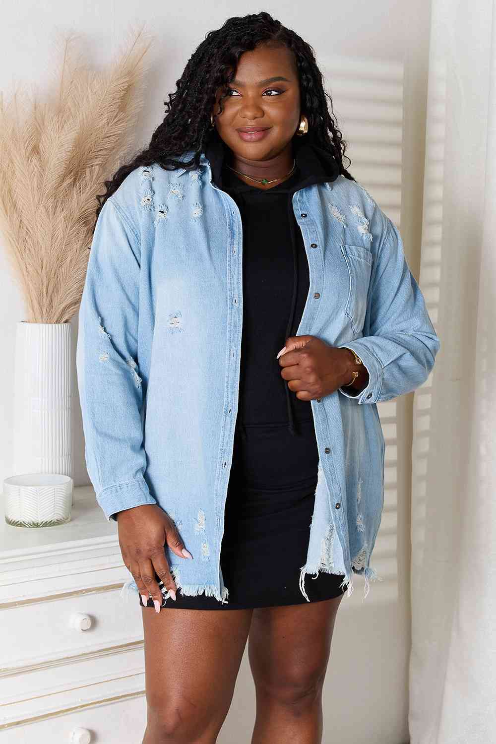 RISEN Full Size Distressed Raw Hem Denim Jacket-Outerwear-Inspired by Justeen-Women's Clothing Boutique in Chicago, Illinois