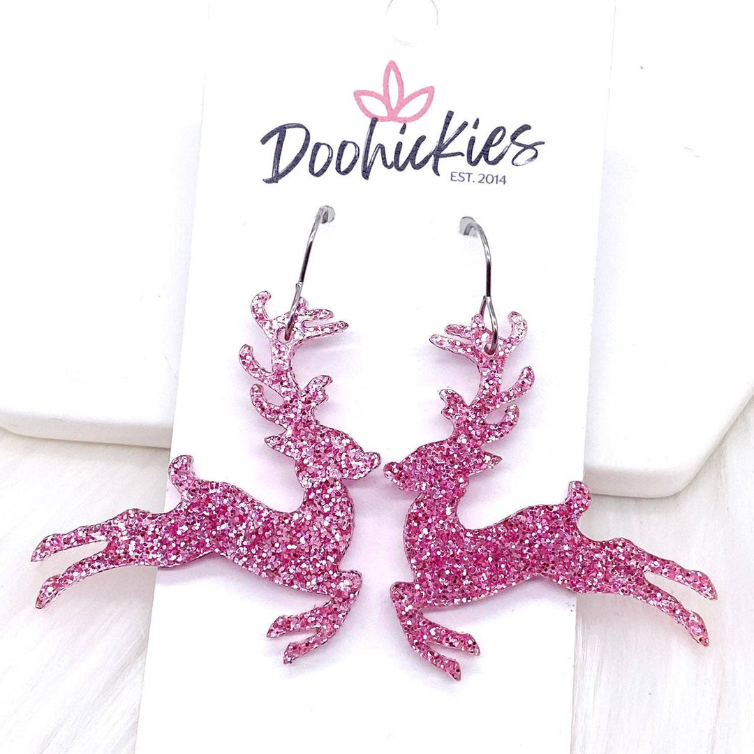 Pink Glitter Leaping Reindeer Earrings-Earrings-Inspired by Justeen-Women's Clothing Boutique in Chicago, Illinois