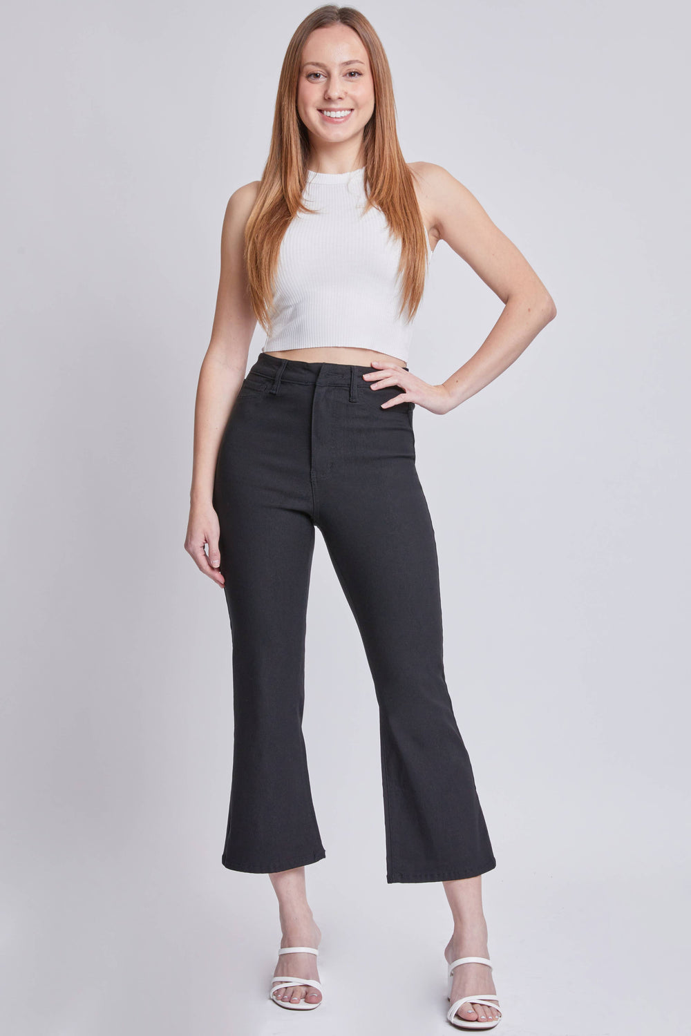 YMI Hyperstretch Cropped Kick Flare Pants, Black-Pants-Inspired by Justeen-Women's Clothing Boutique in Chicago, Illinois