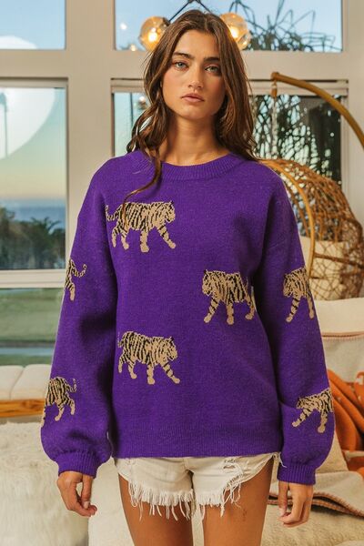 BiBi Tiger Pattern Long Sleeve Sweater-Sweaters/Sweatshirts-Inspired by Justeen-Women's Clothing Boutique in Chicago, Illinois